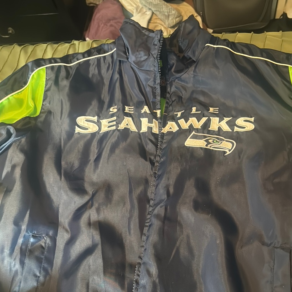 Seattle Seahawks NFL Puffer Jacket - Navy and Neon Green